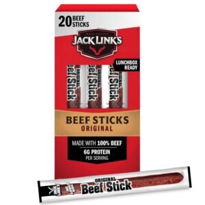 Jack Link’s Beef Sticks, Original – Protein Snack with 6g of Protein per Meat Stick, Made with 100% Beef, Individually Wrapped Beef Snack Sticks – 0.9 oz (Pack of 20)