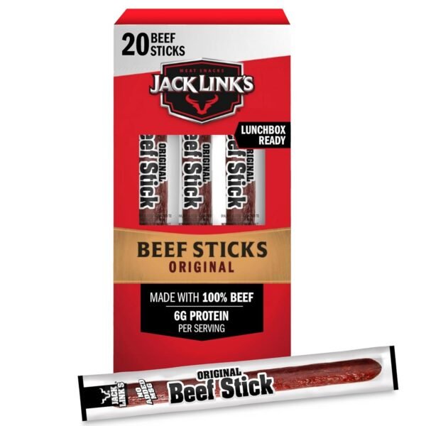 Jack Link’s Beef Sticks, Original – Protein Snack with 6g of Protein per Meat Stick, Made with 100% Beef, Individually Wrapped Beef Snack Sticks – 0.9 oz (Pack of 20)