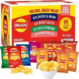 Giant Crisps Multipack Snack Box - Box of 66 x 25g Assorted Classic Walkers Crisps with 6 EXTRA 25g Bags 3 x Chicken & 3 x Tomato.72 TOTAL Bags of Potato Snacks for Birthday Party, Pub Snacks