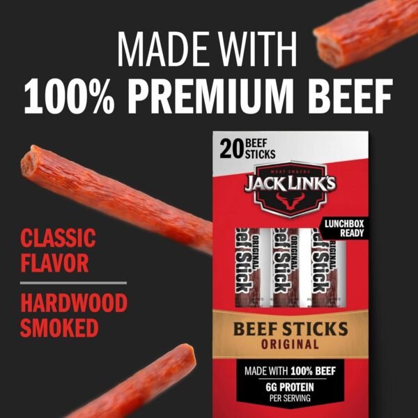 Jack Link’s Beef Sticks, Original – Protein Snack with 6g of Protein per Meat Stick, Made with 100% Beef, Individually Wrapped Beef Snack Sticks – 0.9 oz (Pack of 20) - Image 2