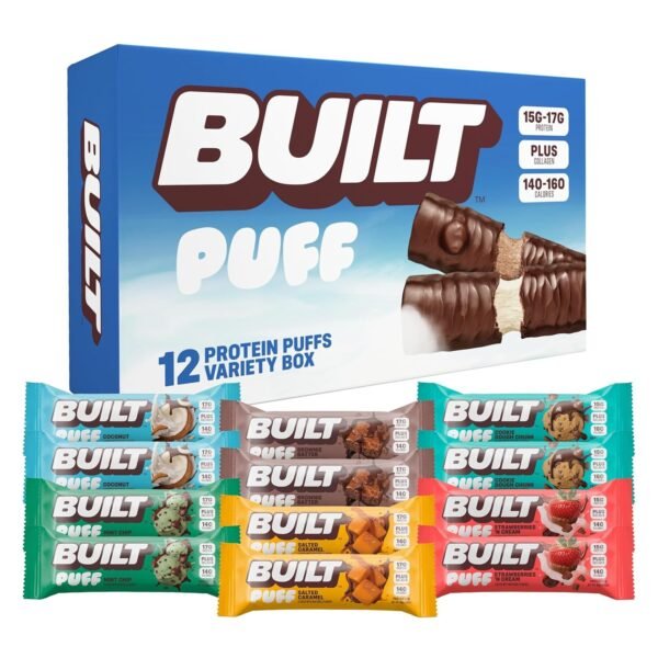 Built Bar, Puffed Protein Bars, Assorted Pack, Collagen, On-the-Go Snack, Breakfast Bar, Mixed Sampler, 12-Pack