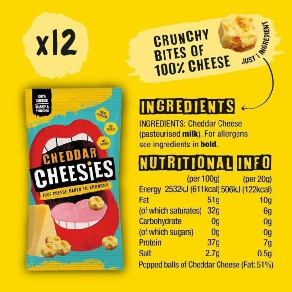 CHEESIES | Crunchy Cheese Keto Snack | Cheddar | 100% Cheese | Sugar Free, Gluten Free, No Carb | High Protein and Vegetarian | Crunchy, Baked and Tasty | Multipack | 12 x 20g Bags - Image 6